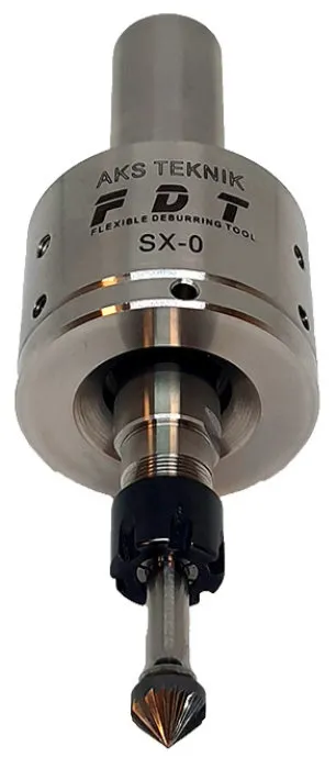 FDT SX0 flexible deburring tool — angled view showing ER-11 collet and carbide cutter assembly