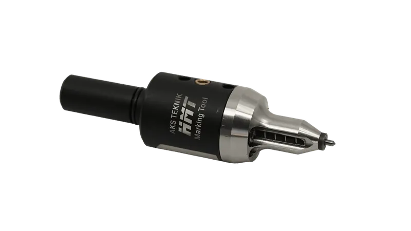 HMT20 coolant-driven marking tool — angled view showing coolant ports and needle assembly